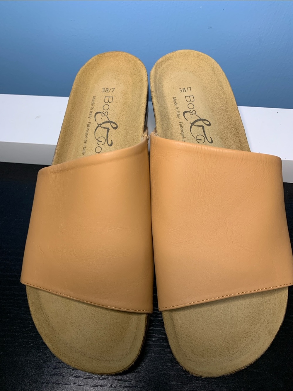 Bos. & Co. Tan Slip-On Cork Wedge Mules